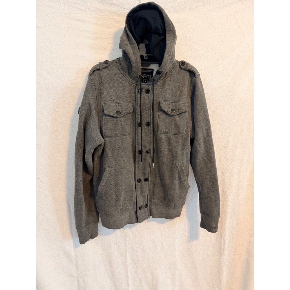 Empyre Mens Grey Herringbone Military Hoodie Jacket Full Zip Button Front M y2k